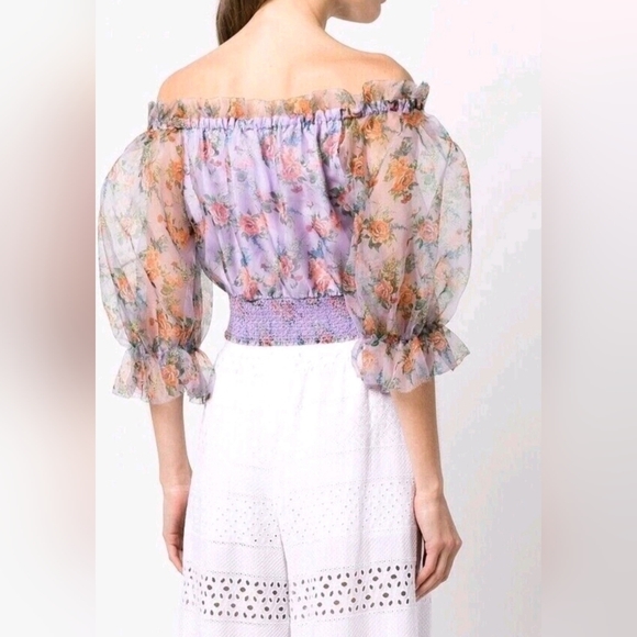 ALICE + OLIVIA Caprina Silk Puff Sleeve Off Shoulder Crop Top Size Small NWOT - Picture 11 of 15